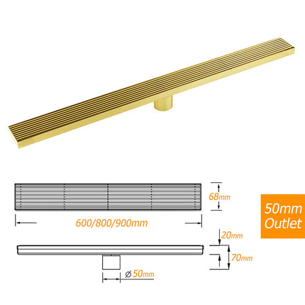 Brushed Gold SUS 900mm Strip Fence Bathroom Floor Shower Grate Drain 50mm Outlet.