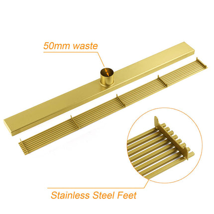Brushed Gold SUS 900mm Strip Fence Bathroom Floor Shower Grate Drain 50mm Outlet.