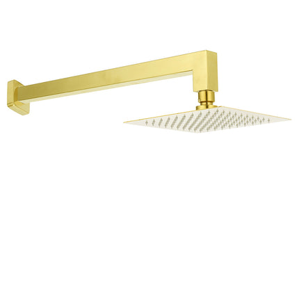 WELS Brushed Gold 8" Square Rainfall Shower Head 400mm Long Straight Wall Arm Set.