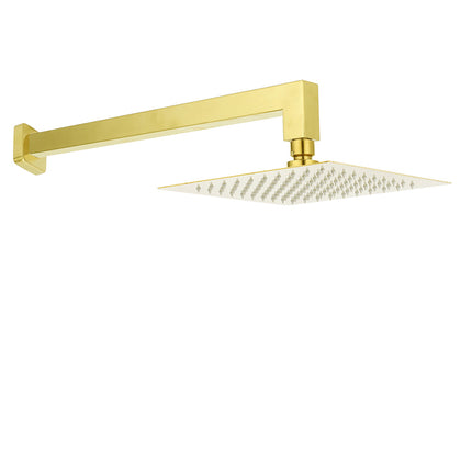 WELS Brushed Gold 10" Square Thin Rain Shower Head 400mm Straight Wall Arm Set.