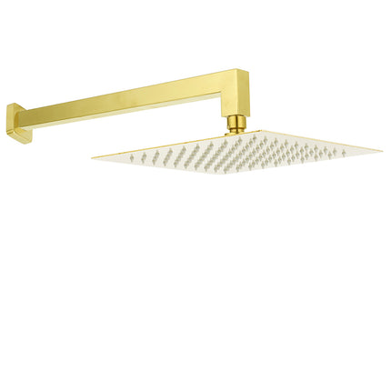 WELS Brushed Gold 12" Square Thin Rain Shower Head 400mm Straight Wall Arm Set.