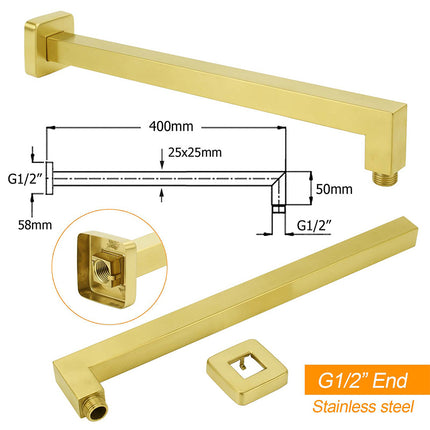 WELS Brushed Gold 12" Square Thin Rain Shower Head 400mm Straight Wall Arm Set.