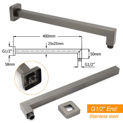 Gun Metal 8" Square Large Rainfall Shower Head 400mm Straight Wall Mounted Arm Set.