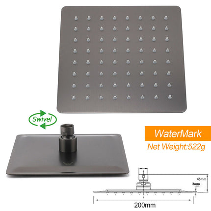 Gun Metal 8" Square Large Rainfall Shower Head 400mm Straight Wall Mounted Arm Set.