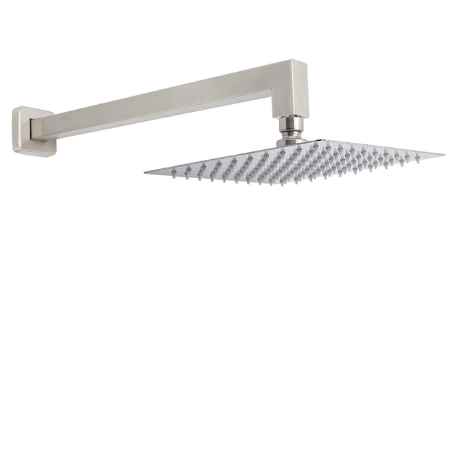 Brushed Nickel 8" Square Rainfall Shower Head + 400mm Straight Wall Mount Arm.