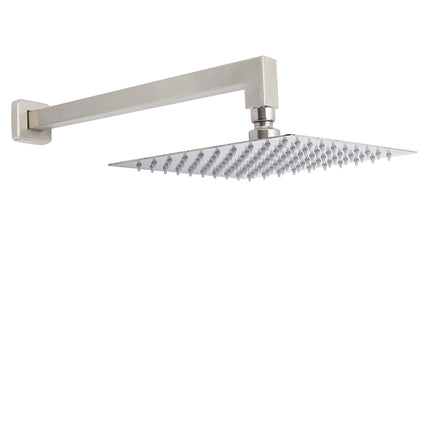 Brushed Nickel 10" Square Rainfall Shower Head + 400mm Straight Wall Mount Arm.