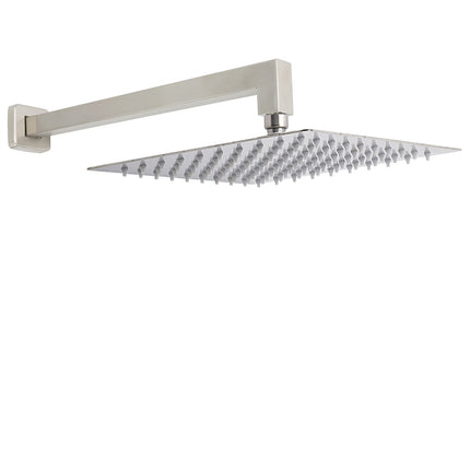Brushed Nickel 12" Square Rainfall Shower Head + 400mm Straight Wall Mount Arm.