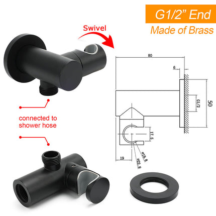 Matt Black Brass Hand Shower Bracket Swivel Holder Wall Elbow Connector Water Inlet Kit.