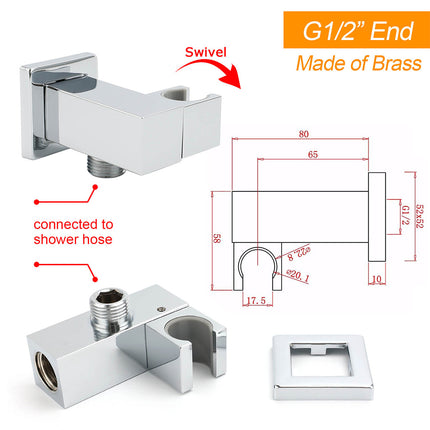 Chrome Square Water Inlet Shower Rose Bracket Swivel Holder Wall Elbow Connector G1/2" Thread.