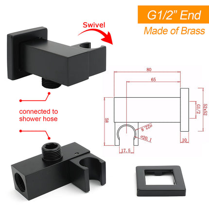 Matt Black Square Water Inlet Shower Head Bracket Adjustable Holder Wall Elbow Connector.