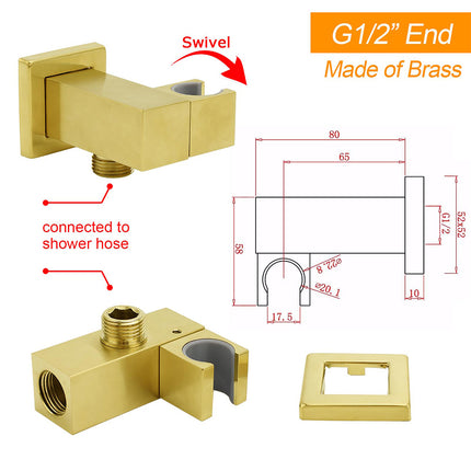 Brushed Gold Swivel Shower Head Holder Bracket Wall Inlet Elbow Water Connector 1/2 Inch.