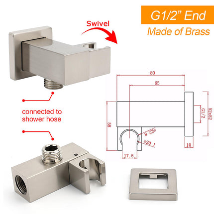 Brushed Nickel Square Bracket Flexible Shower Head Holder Wall Connector 1/2" End Thread.