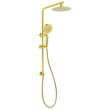 Brushed Gold Twin Shower Set Sliding Rail Arm 8" Round Head 3 Modes Handheld.