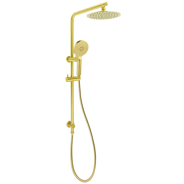 Brushed Gold Twin Shower Set Sliding Rail Arm 8" Round Head 3 Modes Handheld.
