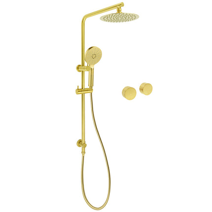 Brushed Gold Dual Shower Set 8" Round Head 3 Modes Handheld Sliding Rail Arm Twin Taps.
