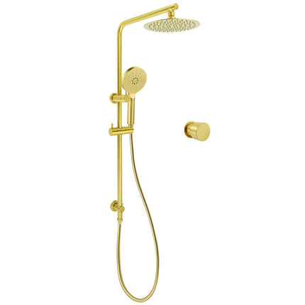 Brushed Gold Twin Shower Set 8" Round Head 3 Modes Handheld Sliding Rail Arm Mixer Valve.