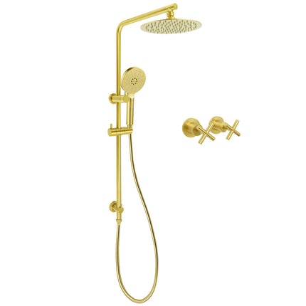Brushed Gold Twin Shower Set 8" Round Head 3 Modes Handheld Sliding Rail Arm Classic Mixer.