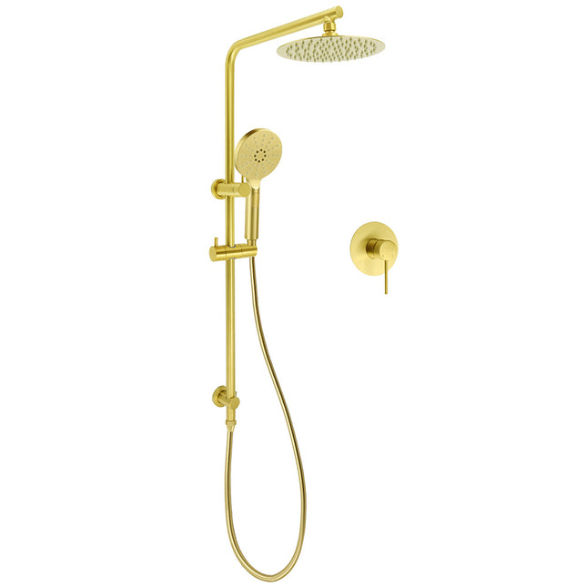 Brushed Gold Twin Shower Set 8" Round Head 3 Modes Handheld Sliding Rail Arm + Mixer.