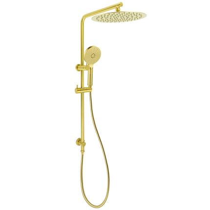 Brushed Gold Twin Shower Large Round 12" Rain Head Handheld Silde Wall Rail Arm.