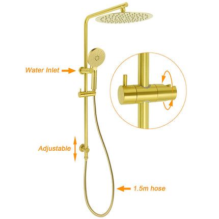 WELS Brushed Gold 2in1 Shower Large Round 12" Rain Head Handheld Silde Wall Rail Arm Twin Taps.