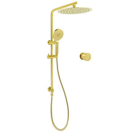 Brushed Gold Twin Shower Large Round 12" Rain Head Handheld Silde Wall Rail Arm Mixer Valve.