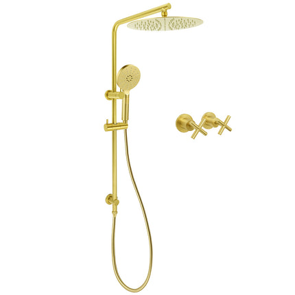 WELS Brushed Gold Twin Shower Large Round 12" Rain Head Handheld Silde Wall Rail Arm Stylish Mixer.