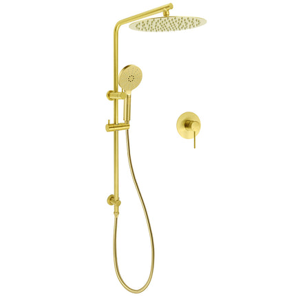 WELS Brushed Gold Twin Shower Large Round 12" Rain Head Handheld Silde Wall Rail Arm Mixer.