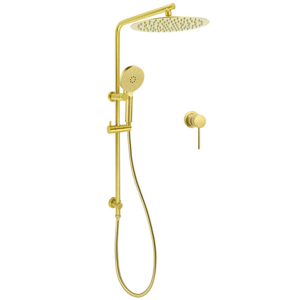 Brushed Gold Twin Shower Large Round 12" Rain Head Handheld Silde Wall Rail Arm Small Face Mixer.