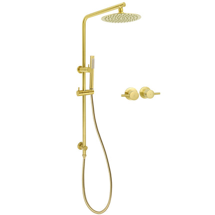 Brushed Gold 2in1 Shower Set 8" Round Head Stainless Steel Handheld Sliding Rail Arm + Twin Taps.
