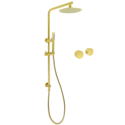 Brushed Gold Dual Shower Set 8" Round Head Ergonomic Handheld Sliding Rail Arm Twin Taps.
