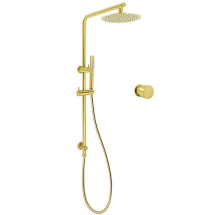Brushed Gold Twin Shower Set 8" Round Head Single Mode Metal Handheld Sliding Rail Arm Mixer Valve.