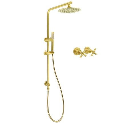 Brushed Gold Twin Shower Set 8" Round Head One Mode Handheld Sliding Rail Arm Classic Mixer.