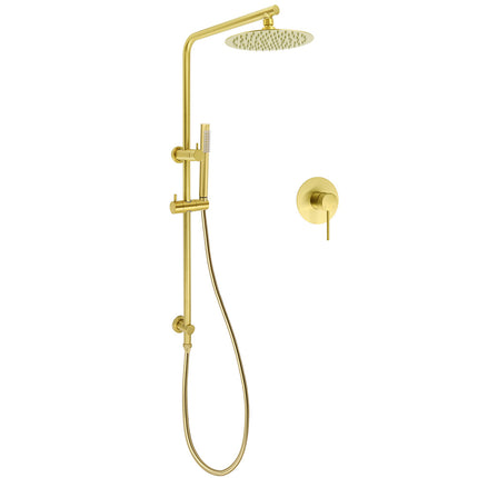 Brushed Gold Twin Shower Set 8" Round Head Single Mode Handheld Sliding Rail Arm + Wall Mixer.