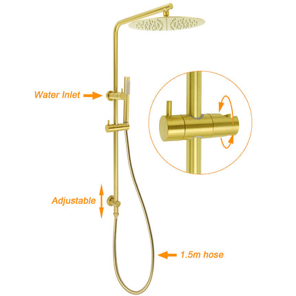WELS Brushed Gold 2in1 Shower Large Round 12" Rain Head Handheld Silde Wall Rail Arm.
