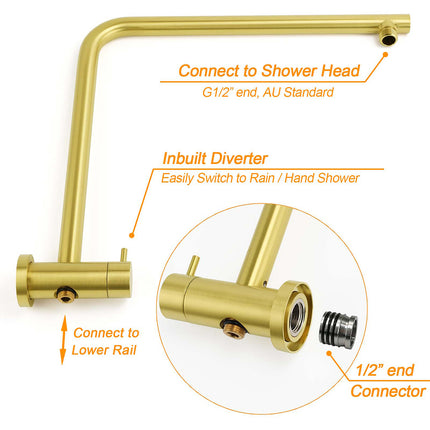 WELS Brushed Gold 2in1 Shower Large Round 12" Rain Head Handheld Silde Wall Rail Arm.