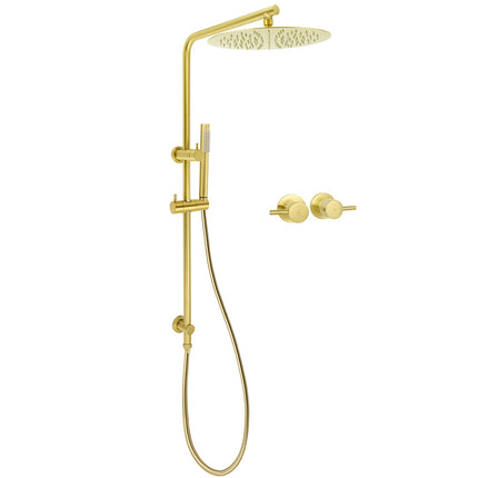 WELS Brushed Gold Large Top Shower Round 12" Rain Head Handheld Silde Wall Rail Arm Twin Taps.