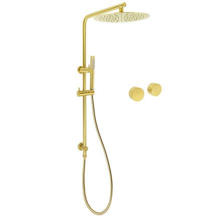 WELS Brushed Gold Dual Shower Set Large Round 12" Rainfall Head Metal Handheld Silde Rail Wall Taps.