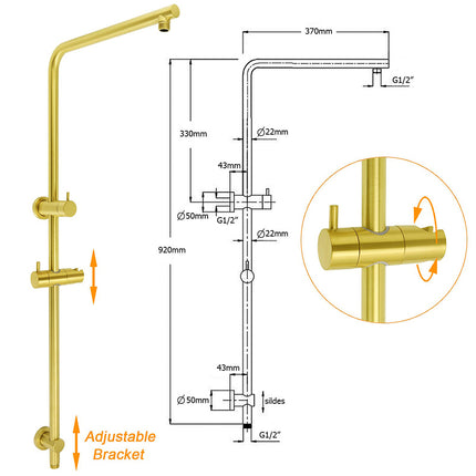 WELS Brushed Gold Dual Shower Set Large Round 12" Rainfall Head Metal Handheld Silde Rail Wall Taps.