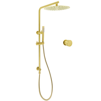 Brushed Gold Twin Shower Large Round 12" Rain Head Metal Rose Silde Wall Rail Arm Mixer Valve.