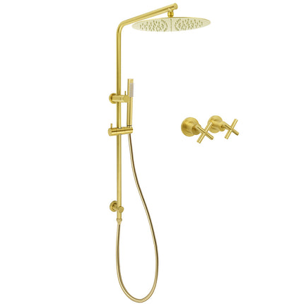 WELS Brushed Gold Twin Shower Large Round 12" Rain Head Metal Handheld Silde Wall Rail New Luxury Mixer.