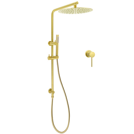 Brushed Gold Twin Shower Large Round 12" Rain Head Handheld Rose Silde Wall Rail Arm Small Face Mixer.