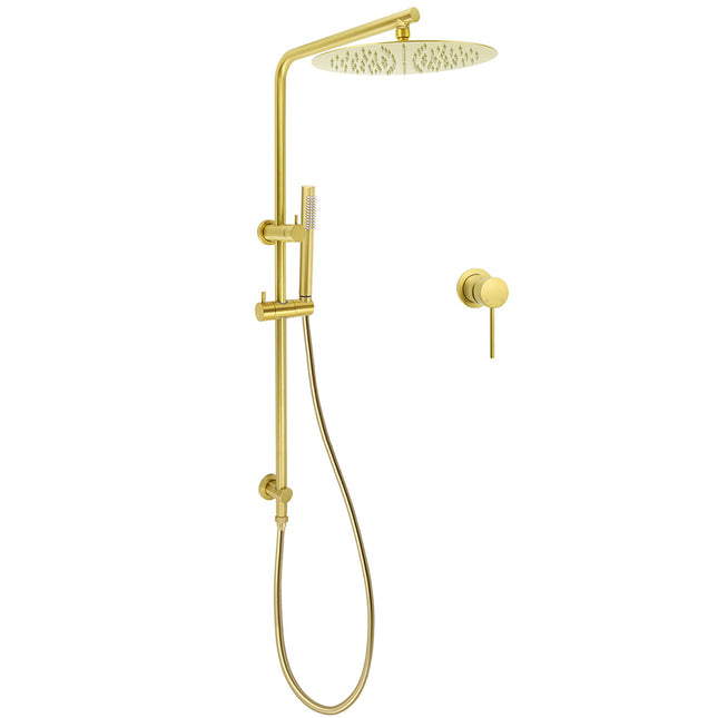 Brushed Gold Twin Shower Large Round 12" Rain Head Handheld Rose Silde Wall Rail Arm Small Face Mixer.