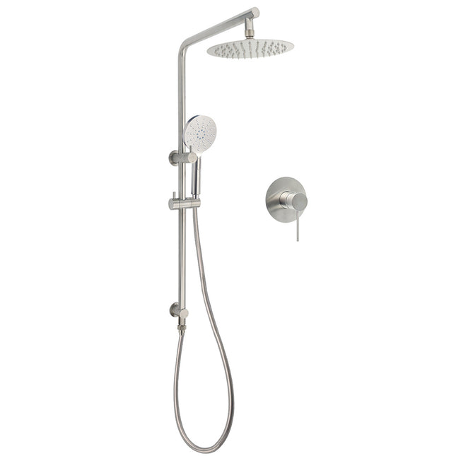 WELS Brushed Nickel Dual Shower Set Sliding Rail Arm 8" Round Head Handheld Mixer.