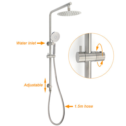 WELS Brushed Nickel Dual Shower Set Sliding Rail Arm 8" Round Head Handheld Mixer.