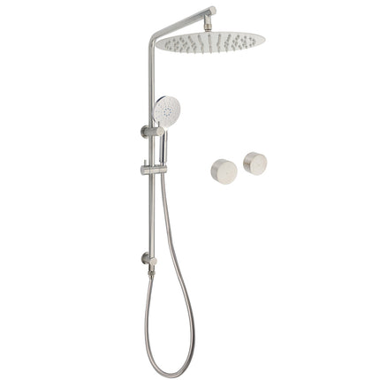Brushed Nickel 2in1 Shower Set Sliding Rail Arm 12" Round Head Handheld Twin Taps Hot Cold Water Control.