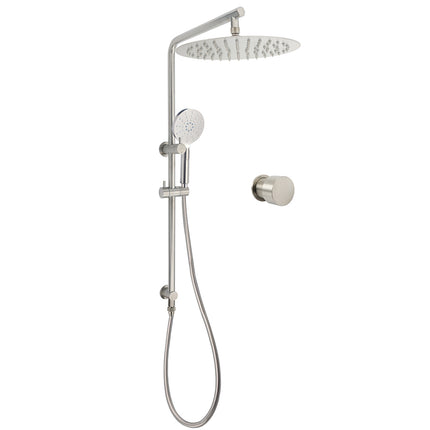 Brushed Nickel Dual Shower Set Sliding Rail Arm 12" Round Head Handheld Wall Mixer Valve.