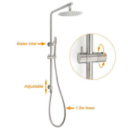 WELS Brushed Nickel 2in1 Shower Set Sliding Rail Arm 8" Round Head Stainless Steel Handheld Rose.