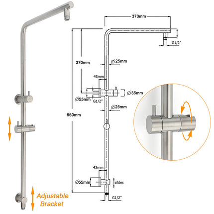 WELS Brushed Nickel 2in1 Shower Set Sliding Rail Arm 8" Round Head Stainless Steel Handheld Rose.