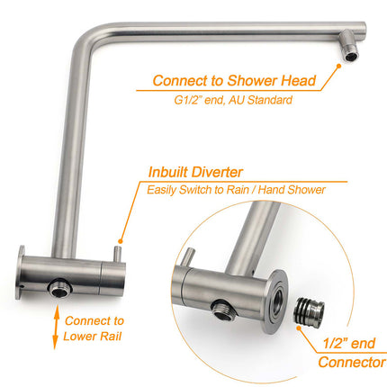 WELS Brushed Nickel 2in1 Shower Set Sliding Rail Arm 8" Round Head Stainless Steel Handheld Rose.