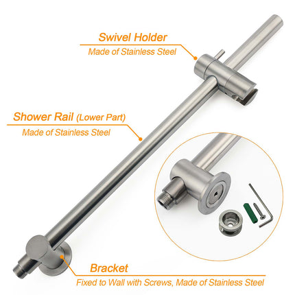 WELS Brushed Nickel 2in1 Shower Set Sliding Rail Arm 8" Round Head Stainless Steel Handheld Rose.
